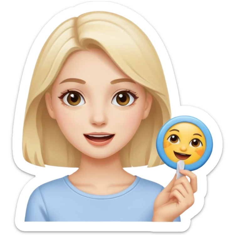 An aesthetic girl with a clean face and delicate shades advertises a sticker pack cosmetics with emotions of excitement sticker