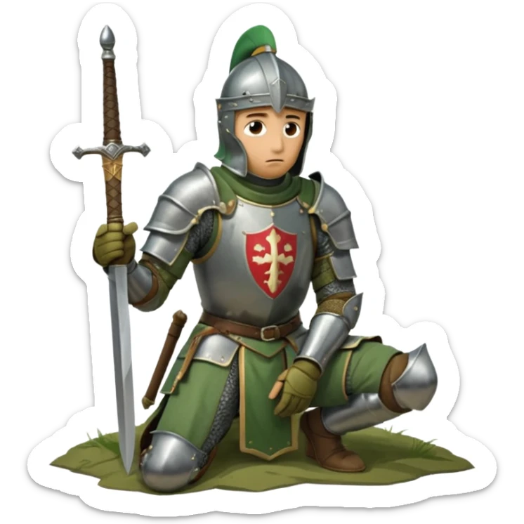 A lone medieval knight in a green worn armor kneels. His helmet is closed, hiding his face, conveying silence, exhaustion and contemplation. A long sword is planted in the ground beside him, its hilt resting near his gloved hands as if he is praying or resting after battle. sticker