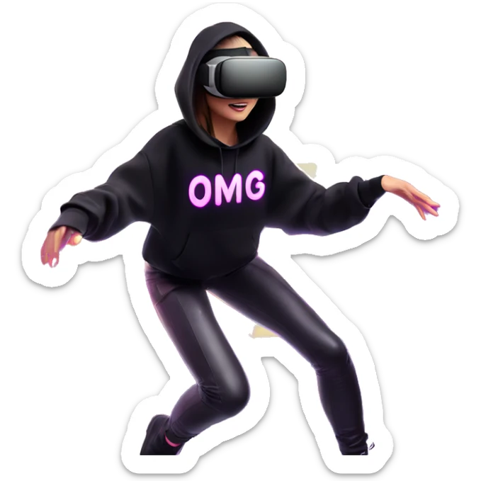 Russian girl wearing black hoody with violet letters "OMG", in vr headset oculus quest2. Dancing. Cyberpunk style. Violet neon. sticker