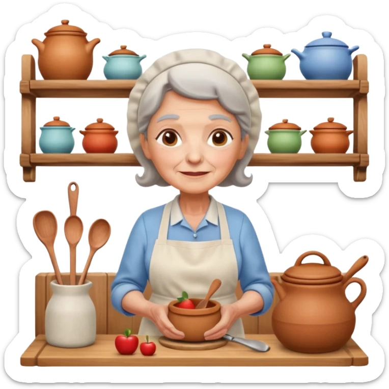 cartoon Apple iOS emoji style rural elderly woman, pastel colors, Chilean wooden kitchen background, clay pots, warm light, detailed and clean vector art sticker