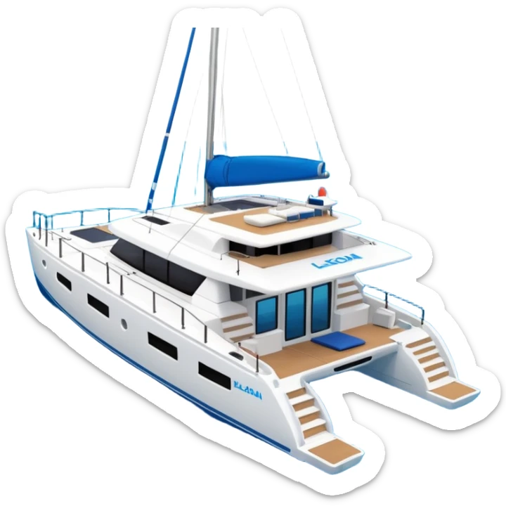 a lagoon 42 catamaran with no wording on the boat and an i message chat bubble icon coming out the top of the boat  sticker