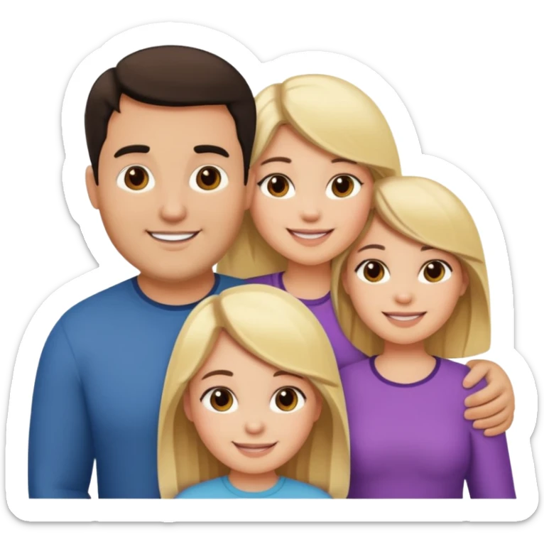 Familia de 4 personas sonriendo: Hombre gordito pelo oscuro, Mujer pelo cafe, hija 1 pelo mono e hija 2 pelo oscuro.sólo 4 personas. sticker