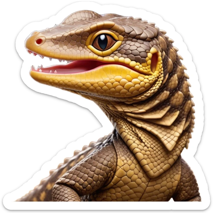 Cinematic Cute Yawning brown camo spotted monitor Lizard Portrait Emoji, Head tilted slightly with a dramatic, wide-open yawn, showcasing textured, patterned scales and sleepy, half-closed eyes exuding relaxed charm, Simplified yet irresistibly adorable features, highly detailed, glowing with a soft, cozy glow, high shine, relaxed yet expressive, stylized with a dash of whimsical wildness, soft glowing outline, capturing the essence of a drowsy yet affectionate reptile that appears ready to stretch out for a nap! sticker