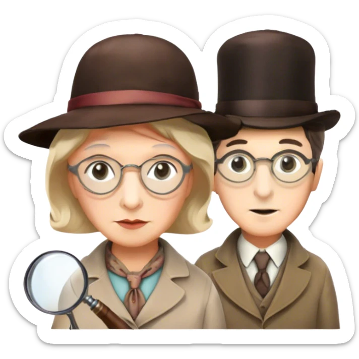 Icon for Detective Movies: A colorful collage with Sherlock Holmes, Miss Marple, and Pinkerton. Include magnifying glasses, clues, and detective tools. The design should evoke mystery and intrigue, with a classic detective movie feel. Transparent background. sticker