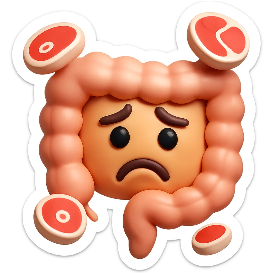 emoji stile iphone in 3d di un intestino triste con fette di carne che gli fluttuano intorno sticker