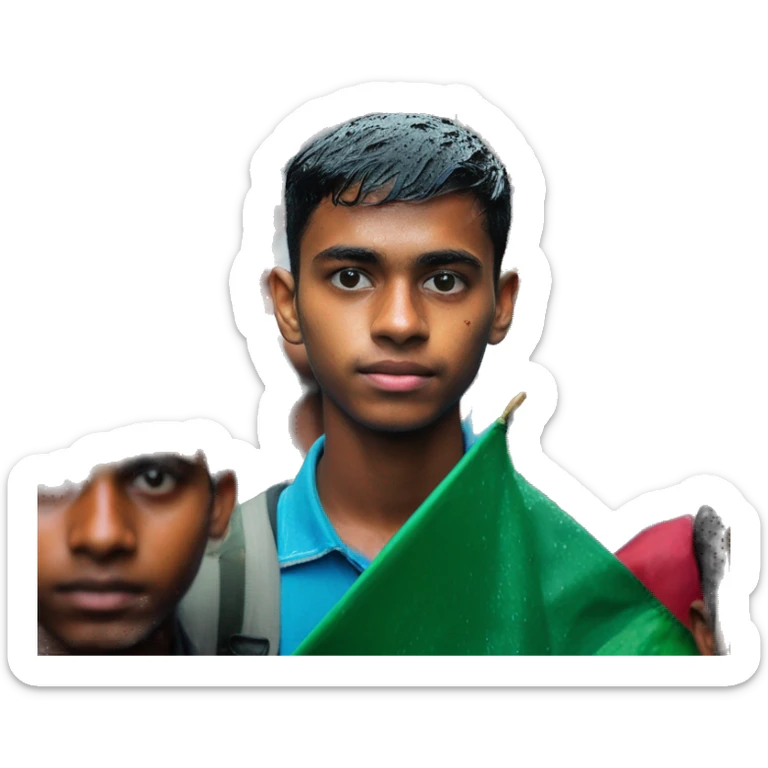 A 20-year-old boy stands on the streets of Dhaka city in the rain with a Bangladeshi flag in his hand. Behind hundreds of students are standing with the flag of Bangladesh sticker