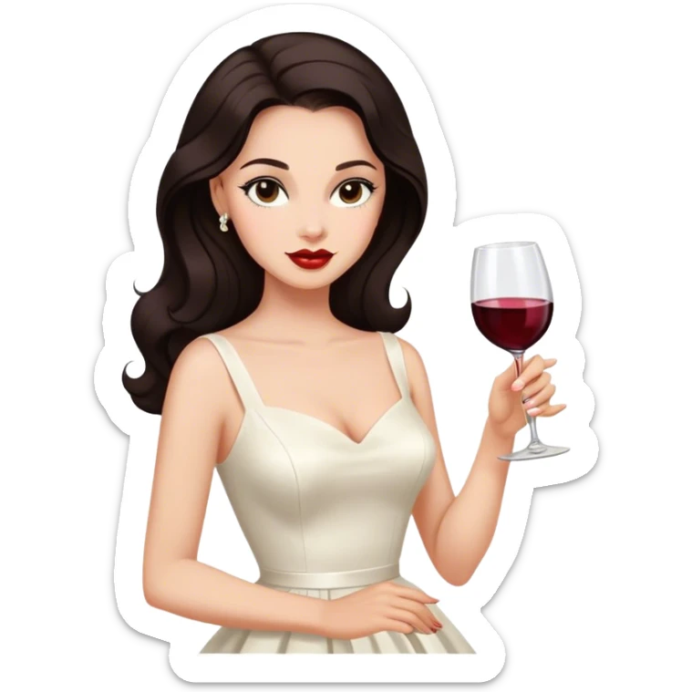 Beautiful woman in 1950’s woman fashion look, white dress, long hair, wine, dark brown hair sticker
