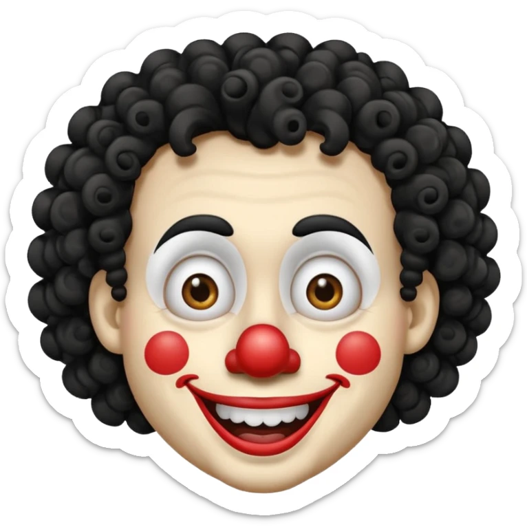generate clown emoji with a big curly black hair 

wide black smile, long and pointy white nose sticker