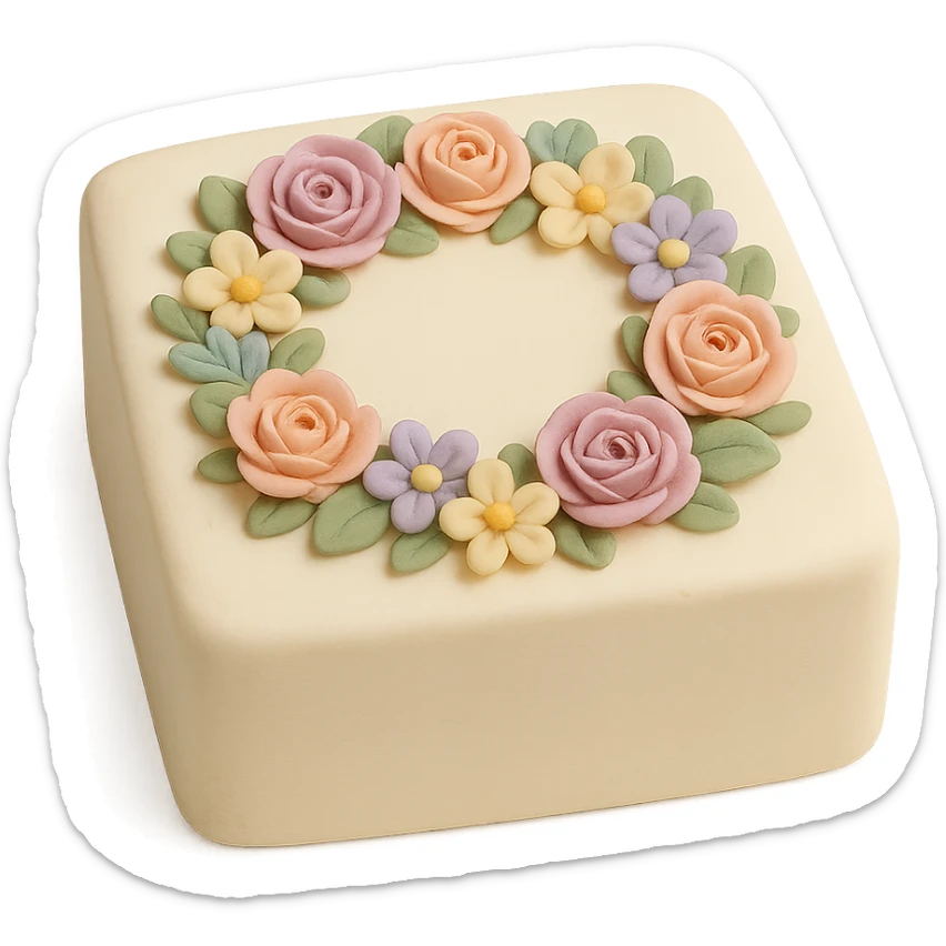 square fondant cake with floral wreath sticker