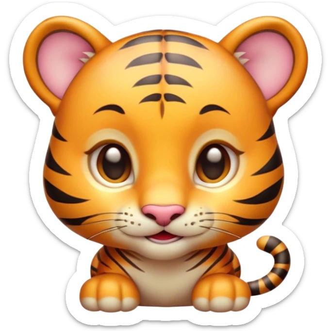 Cinematic Cute Tiger Cub Portrait Emoji, Head tilted playfully and inquisitively, with an adorably compact form accented by subtle stripes and round, sparkling eyes full of wonder, Simplified yet irresistibly adorable features, highly detailed, glowing with a warm, inviting wild glow, high shine, affectionate and lively, stylized with a touch of whimsical feline cuteness, soft glowing outline, capturing the essence of a mischievous yet loving tiger cub that seems as if it could leap out of the screen into your arms! sticker