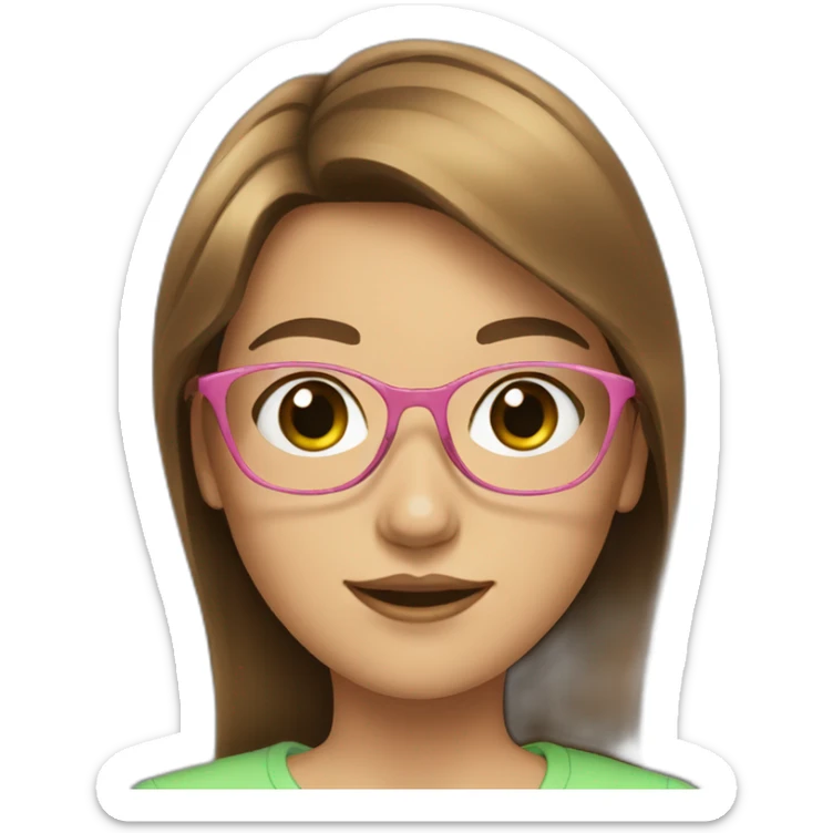 teen girl with brown square hair, green eyes, pink gold glasses sticker