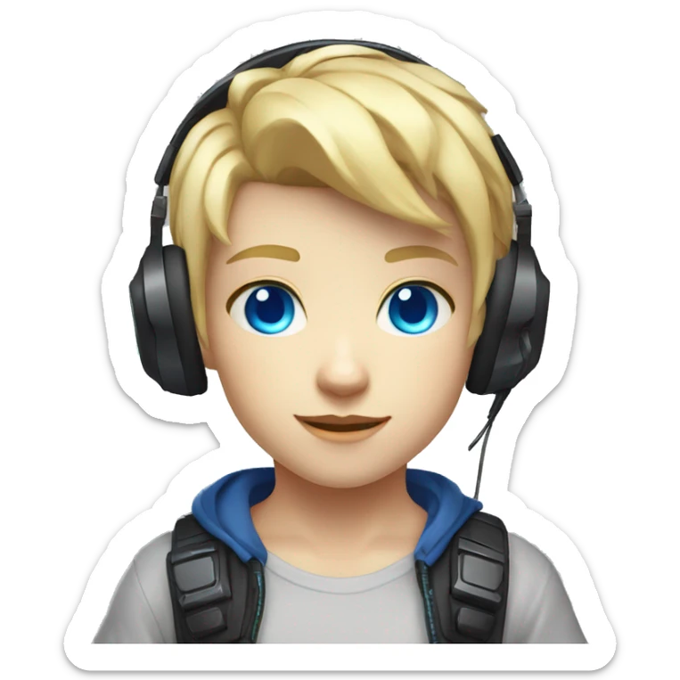 Blonde Short hair Gamer kid with blue eyes with headset and gamepad with neon Lighting sticker