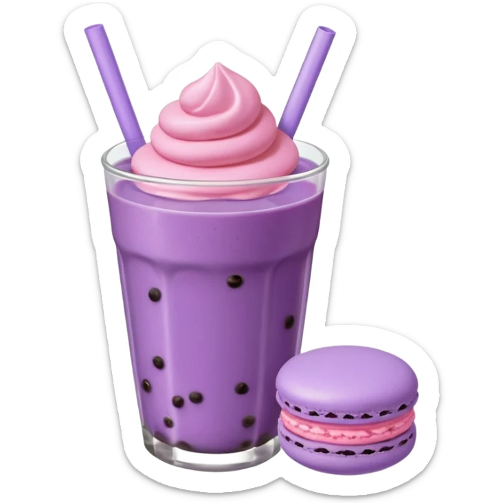 purple boba drink emoji with a macaron, no eyes, no mouth, simple and iconic sticker