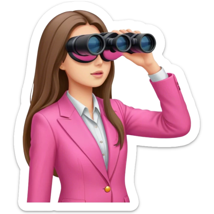 woman with long hair in an intensive color pink suit looking through binoculars, front viewi sticker
