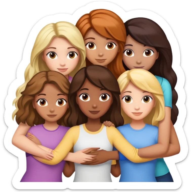 six girl friends, arms around each other, with the specified hair, eye, and skin color diversity sticker