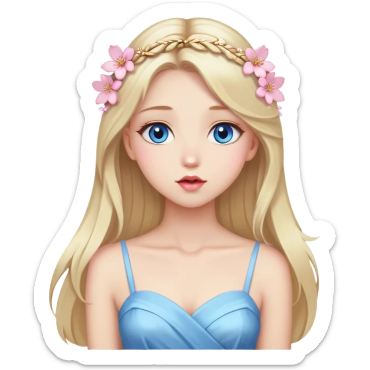 Girl with long blond hair and sakura accessories on her hair with a long dress and have blue eyes beautiful finish and she sending lovely kisses  sticker