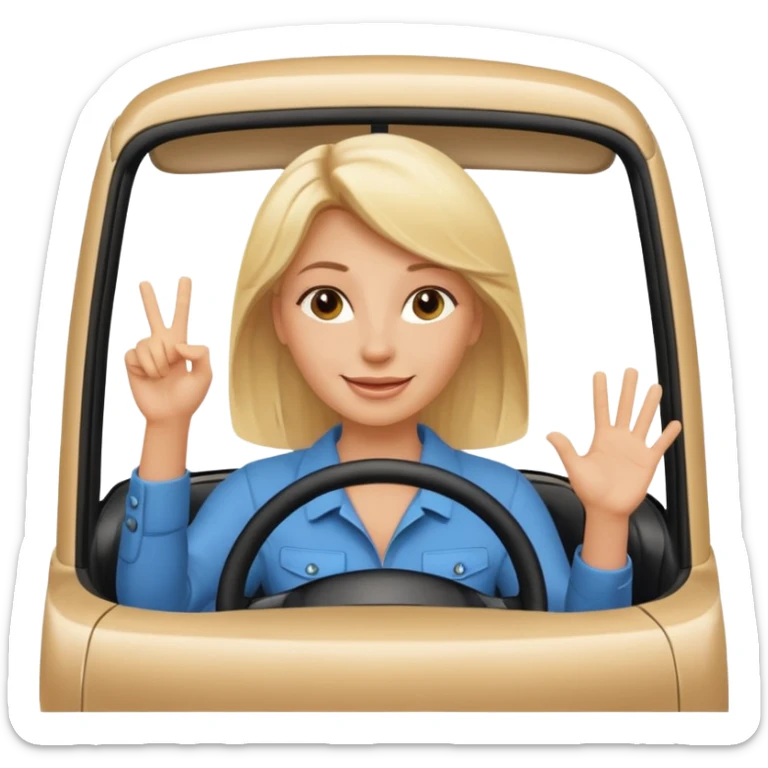 blonde woman driving car. one hand up Happy face confidence sticker