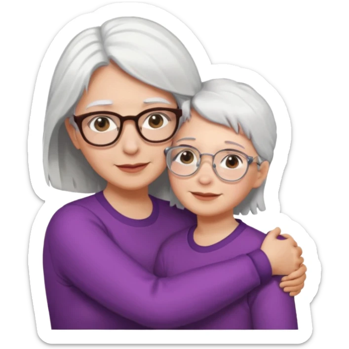 Abrazo de Madre con pelo blanco y gafas y hija con pelo morena sin gafas sticker