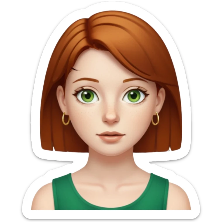 Attractive English woman with a narrow face, pale skin, freckles, short straight amber-brown hair and gold hoop earrings and green eyes sticker