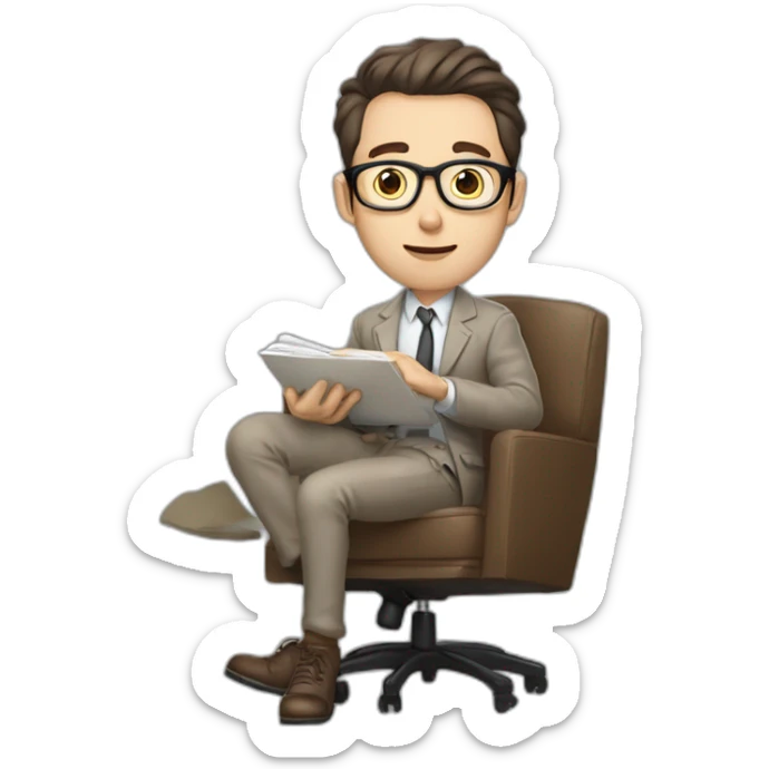 Fooling showing his tongue Pale skinned Fit Man With dark brown hair in gray jacket, beige office shirt, Brown pants and vintage glasses sitting In a soft chair with a notebook and a pen sticker