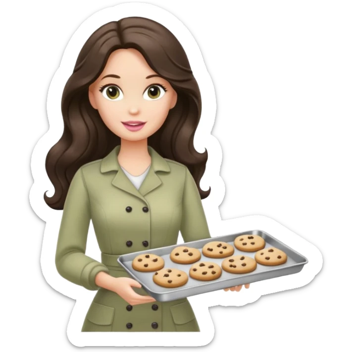 A white Barbie girl with long dark brown wave hair in a pale olive clothes holds a Baking tray with cookies sticker