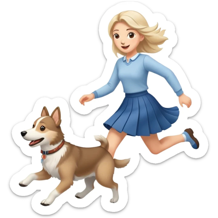 A beautiful girl with fair skin wearing a skirt happily chases the Alaskan dog sticker