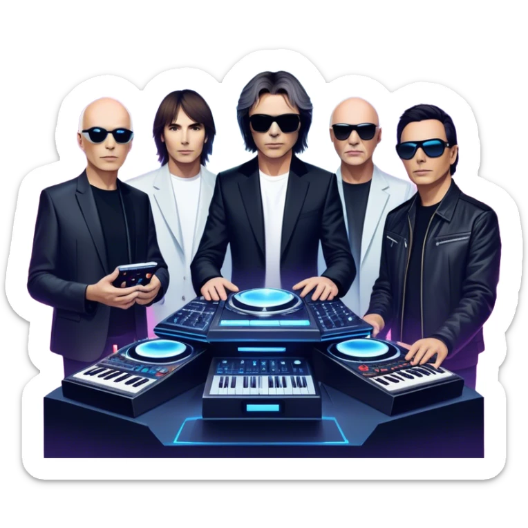 Icon for Electronic Music: Jean-Michel Jarre, Moby, DJ Tiesto, and Jorn van Deynhoven performing with synthesizers, turntables, and futuristic lighting effects. The design should evoke the vibrant and immersive atmosphere of electronic music festivals. Transparent background. sticker