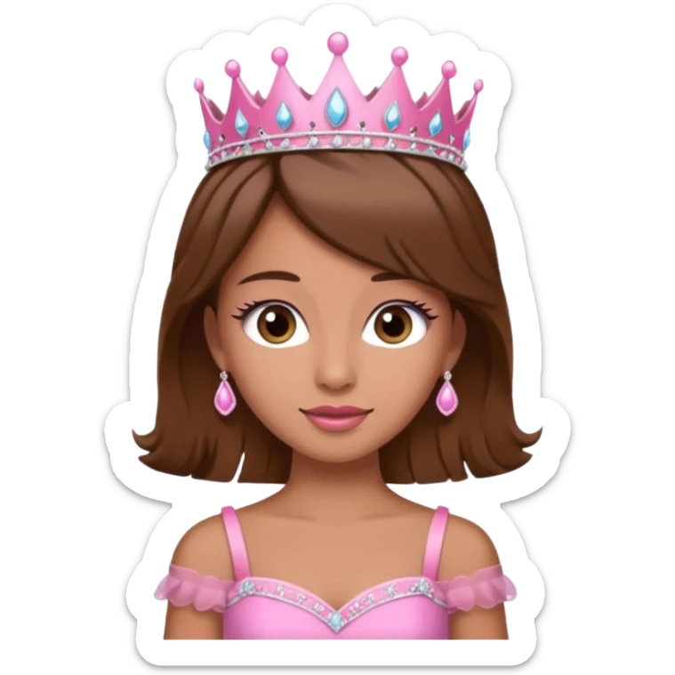 A pretty princess emoji with eye lashes, tan skin and brown hair with a pink dress and tiara  sticker