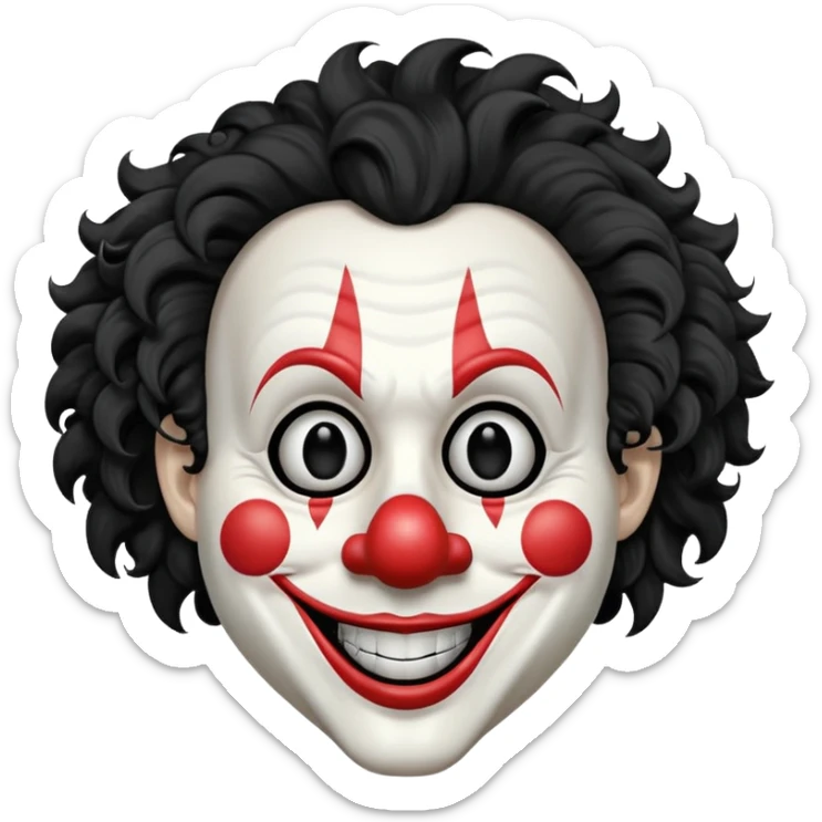 generate white clown mask emoji with a big curly black hair 

wide black coloured smile, no red nose but instead long and pointy white nose with no nostrils, pitch black eyes with no pupils, no brows sticker