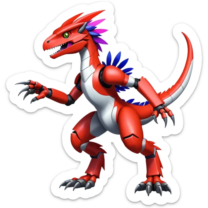 Furry feather-mane Cool Edgy Futuristic shiny colorful Digimon-Fakemon-Guilmon-Velociraptor-Mecha full body   sticker