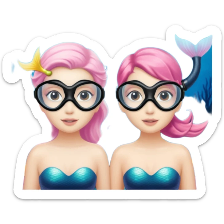 2 Mermaids one wearing a light pink snorkel mask and the other wearing black snorkel mask sticker
