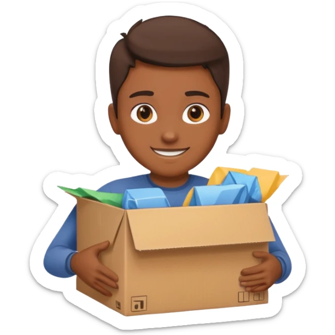 Generate a realistic emoji-style icon of the a person clever packing a package. That he´s clever by packing a box has to be easily noticed. sticker