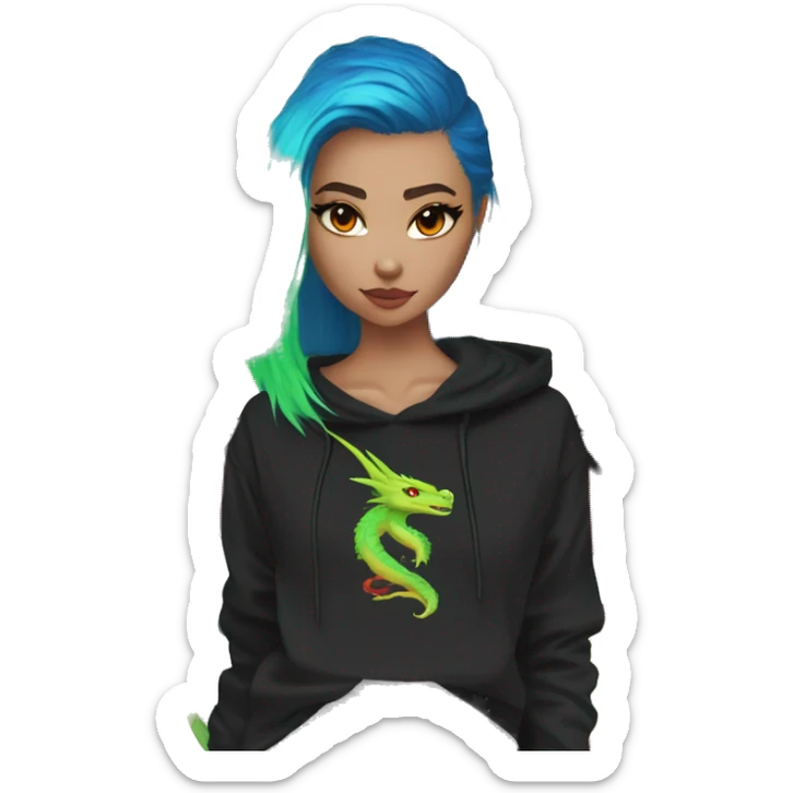 Lady with brunette and iridescent blue hair, gold, lime green dragon wings, black hoodie, bleach dyed, black and gold Nike t shirt, and bright red eyes sticker