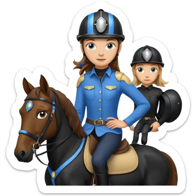 A teen girl with brown hair and blond highlights and blue eyes and tall on top of a black horse sticker
