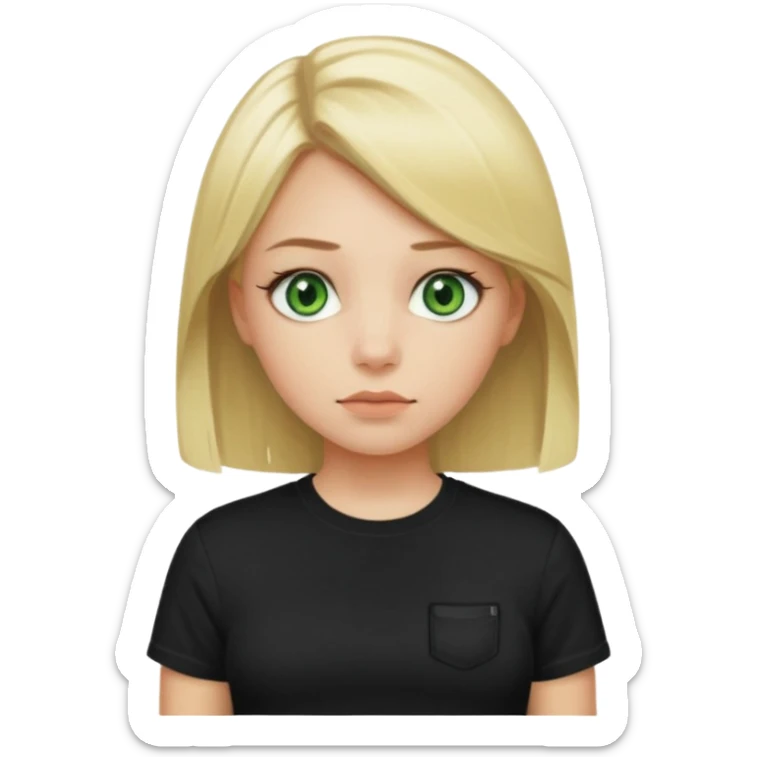 Girl with green eyes, blonde with straight medium length hair, and front buckles to the chin, in a black skims t-shirt sticker