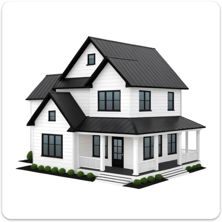 modern farmhouse with white siding, black roof and black trim, exterior view, 3d sticker