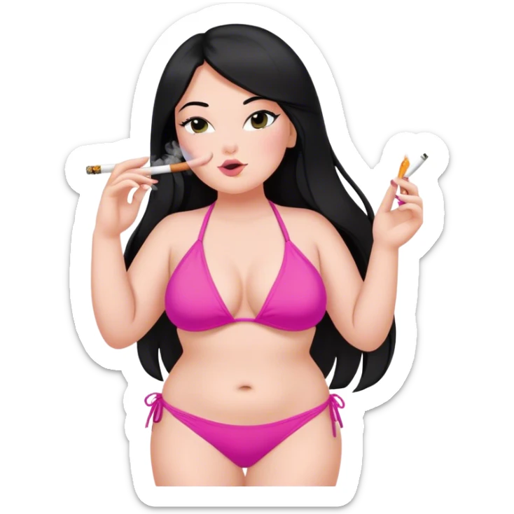 caucasian curvy girl smoking in pink bikini, long straight black hair, sfw pose sticker