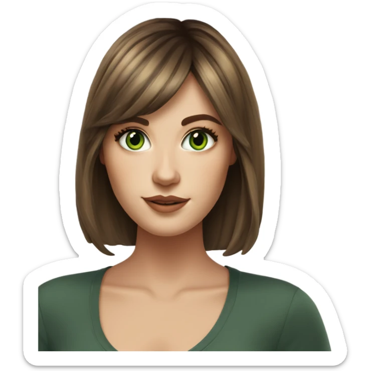 White girl green eyes with medium length voluminous brown hair with brown highlights balayage bangs sticker