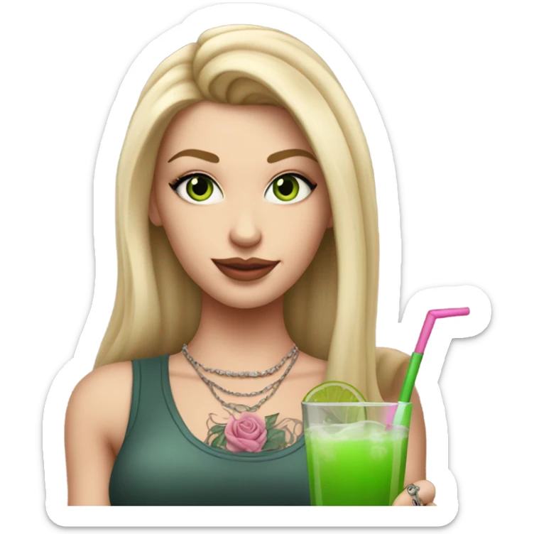 Realistic White girl with Long straight blonde hair, green eyes, tattoos, full body wearing dress and High heels, holding pink drink sticker