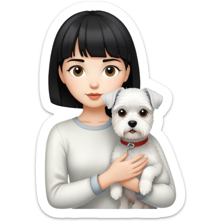 Girl with short black hair and bangs holding a white schnauzer dog sticker
