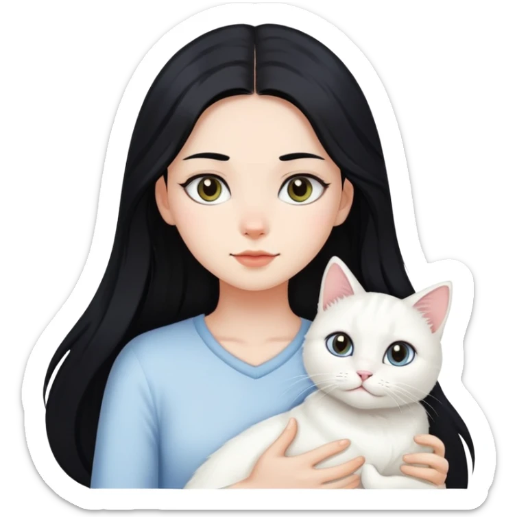 black hair girl with long hair white cat sticker