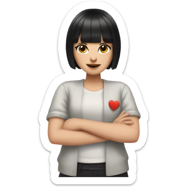 white girl with black hair and bangs holding up heart hands  sticker