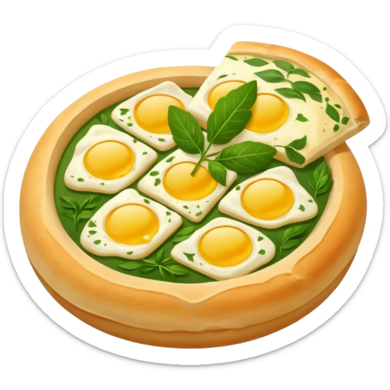 Georgian cuisine avatar in bright emoji-style illustration. Khachapuri and herbs, rich golden and green colors, simple shapes, flat design, strong character. Without human sticker