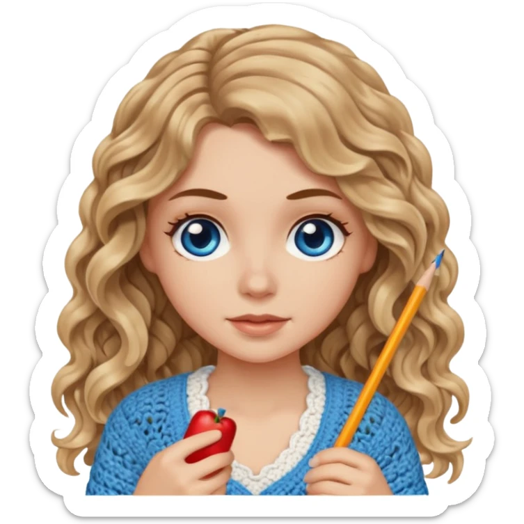 White Girl with long light brown slightly blonde ish wavy hair and blue eyes who likes crocheting sticker