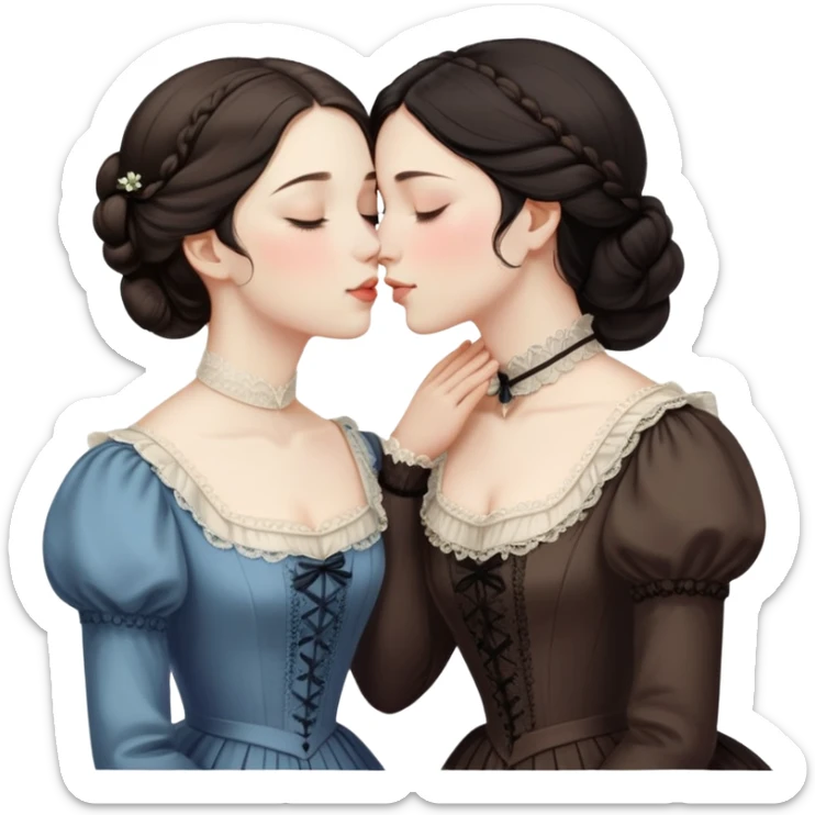 Two Victorian women sharing a gentle kiss, eyes closed, one with dark hair and one with light hair, both wearing modest dark Victorian dresses sticker