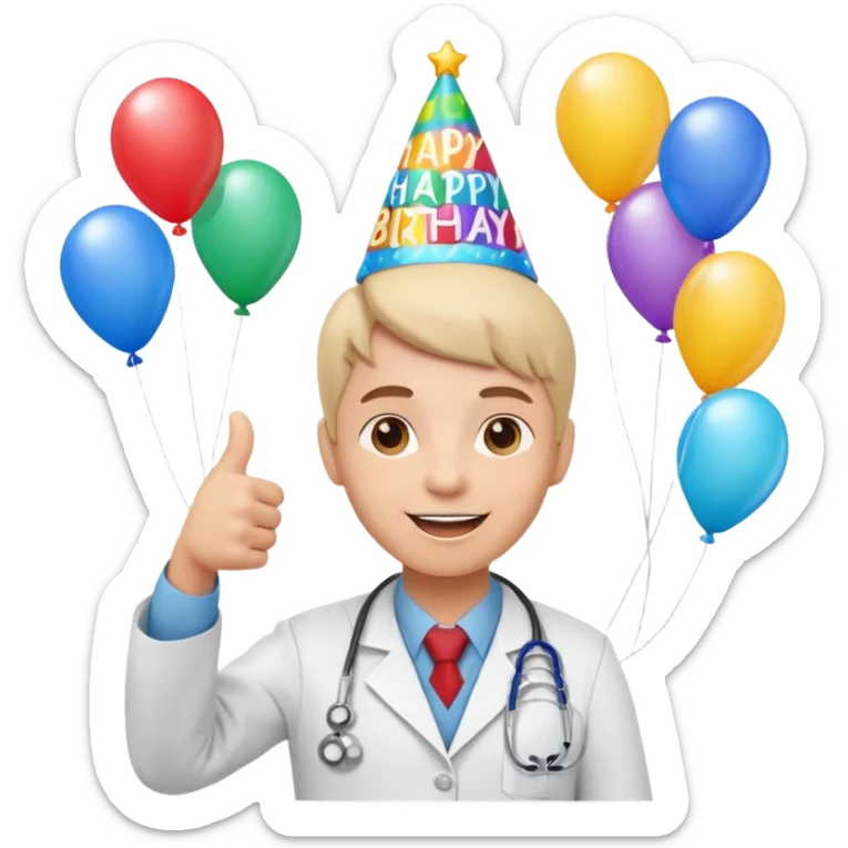cute doctor character giving a thumbs up, surrounded by birthday decorations and a 'Happy Birthday' banner sticker