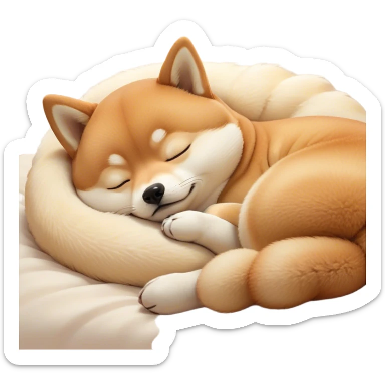 Cinematic cute Sleeping Shiba Inu Portrait Emoji, cute and serene, with a round, adorable build and a plush fur with a soft creamy underbelly, eyes gently closed in peaceful slumber, Simplified yet irresistibly endearing features, highly detailed, glowing with a gentle, dreamy glow, high shine, relaxed and content, stylized with a touch of whimsy, bright and heartwarming, soft glowing outline, capturing the essence of a blissfully sleepy companion, so comically serene it feels like it could roll out of the screen and snore with adorable charm! sticker