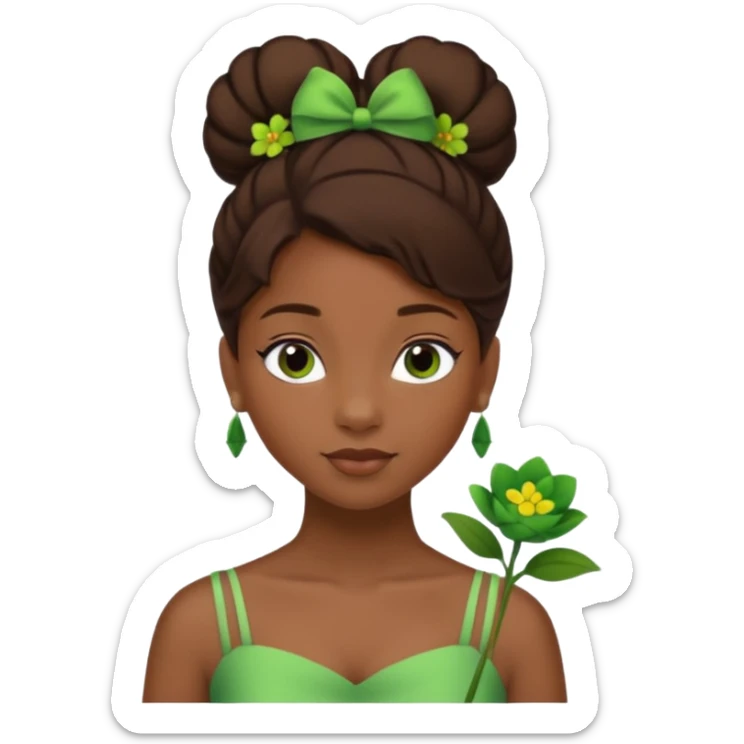 tạo cho tôi emoji tạo hình của công chúa da đen tóc nâu búi tóc 1 bên trên đỉnh đầu, cô ý cài hoa màu xanh lá cây. không đeo khuyên tai sticker