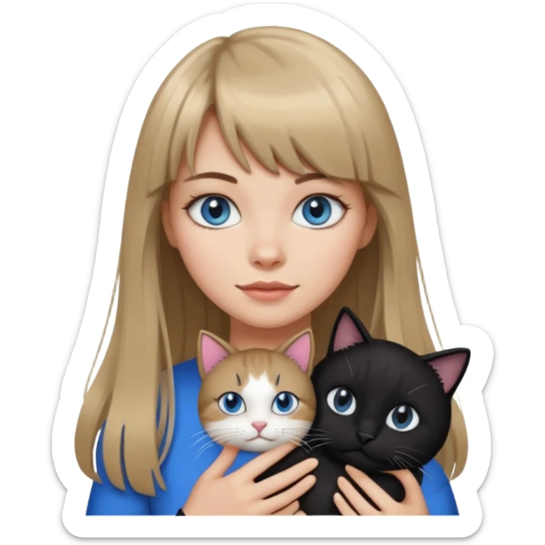 Apple-style emoji sticker of a young woman with long dark blond hair and bang, blue eyes , holding a cat black and white sticker