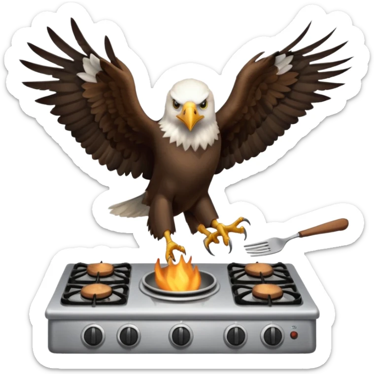 aquila calva sorvola fornello a gas con forchetta in mano sticker